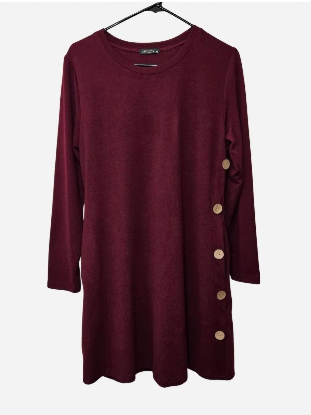 Ofeefan Maroon Long Sleeve Knit Dress with side Button Detail Women's Size M